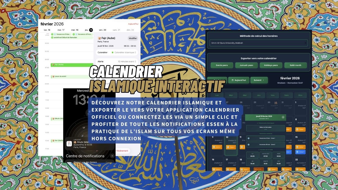 Calendrier Islamique avec horaires de la prière, dates des évènements islamique, vacances et jumuah